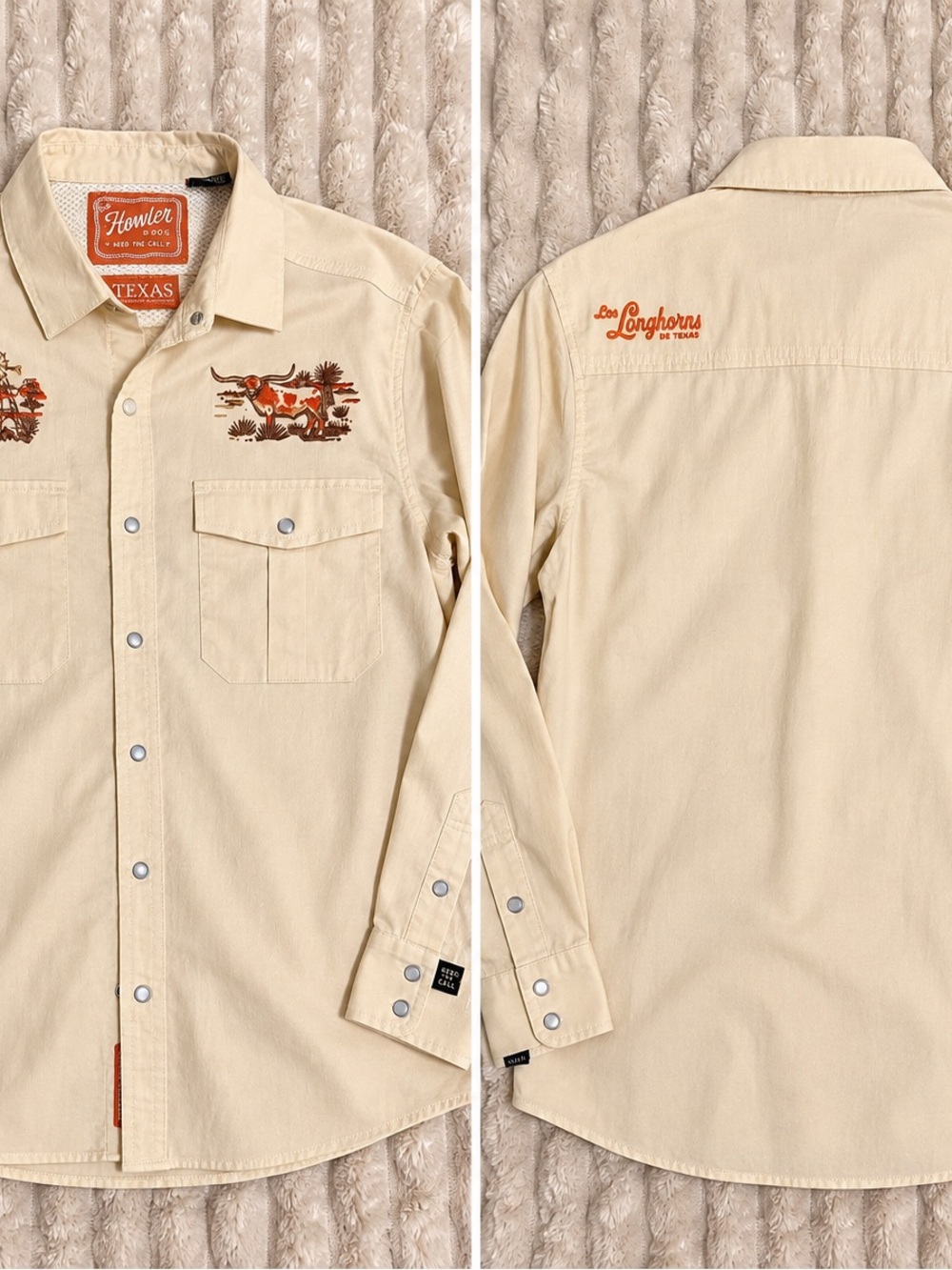 Howler Brothers Cream Button-Down Shirt with Orange Longhorn Embroidery
